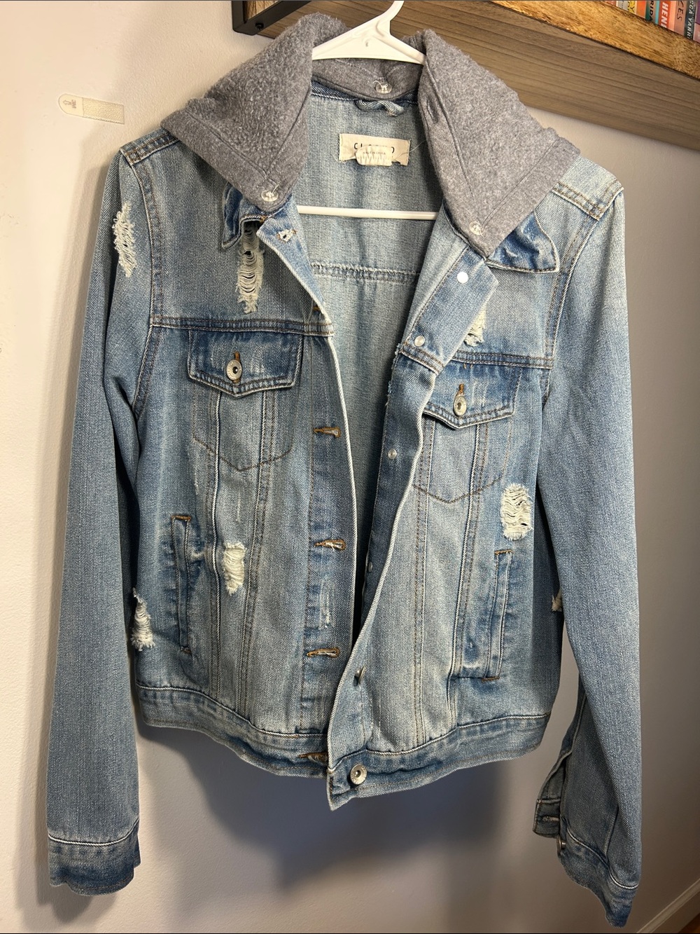 Ci Sono Light Blue Distressed Denim Jacket with Gray Hood